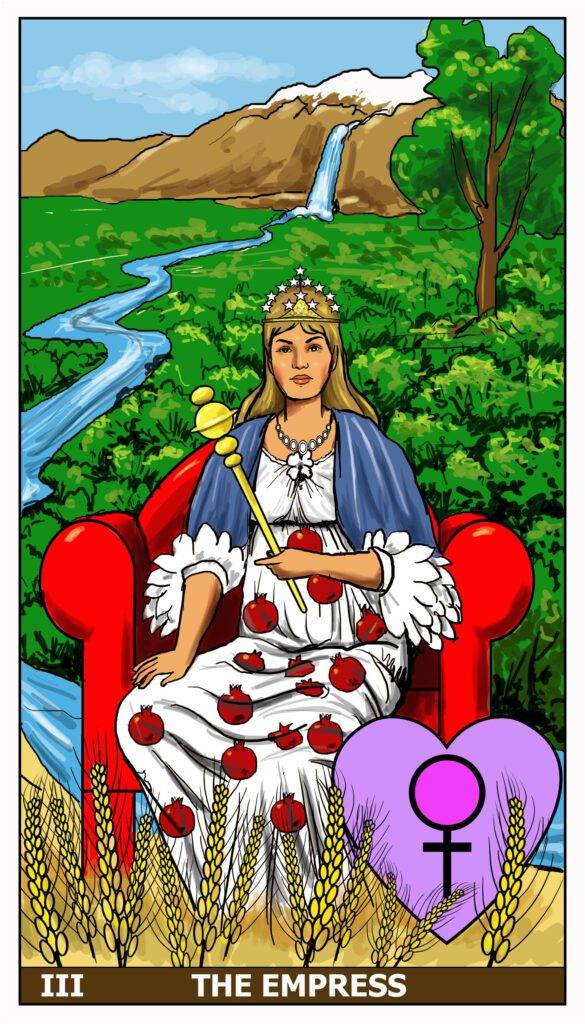 The Empress Tarot Card Meanings: Empress, signifying her connection with Mother Earth and life itself.