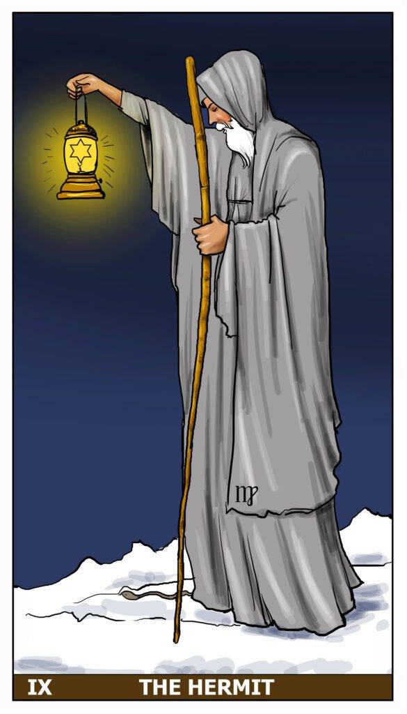 The Hermit Tarot card shows a figure on a mountain holding a lantern with a six-pointed star, symbolizing self-discovery and spiritual wisdom.