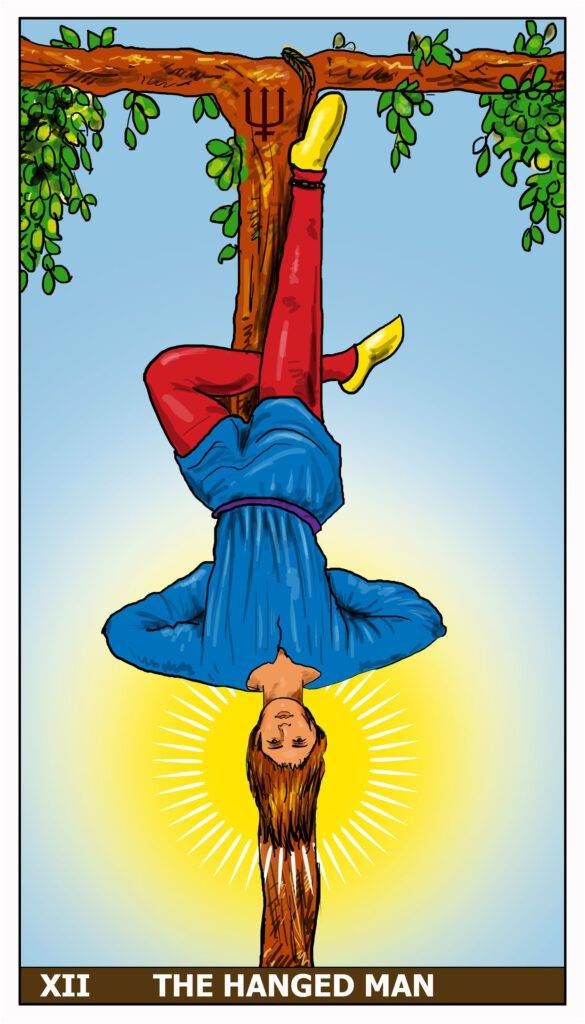 The Hanged Man Tarot card depicts a man suspended upside-down, symbolizing surrender and new perspectives on life.