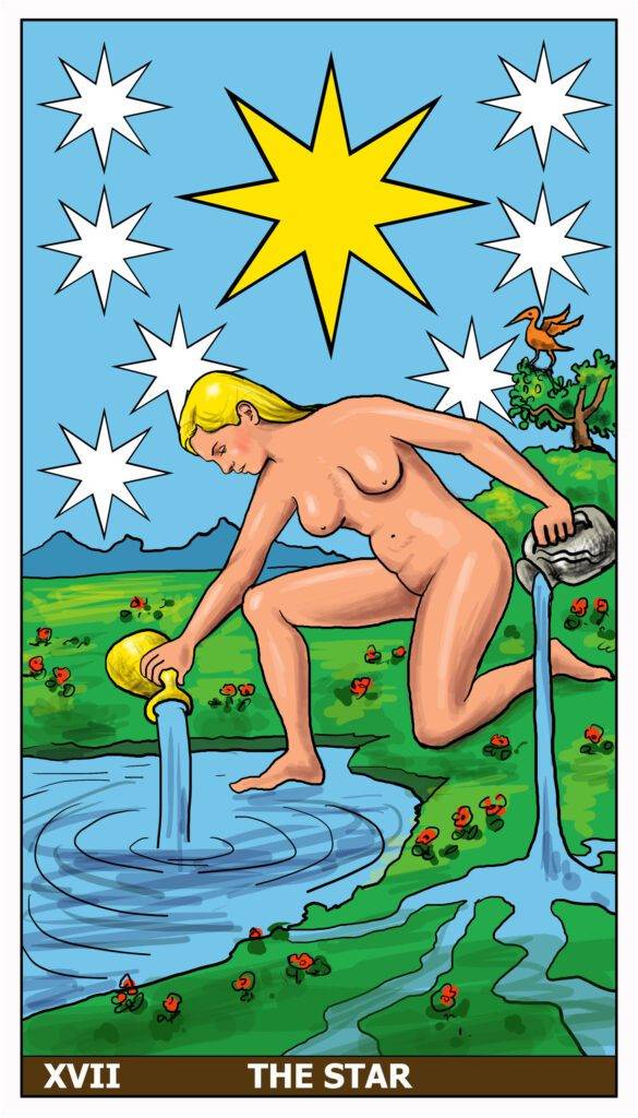 The Star Tarot card depicts a naked woman pouring water, symbolizing hope, renewal, and the connection between intuition and practicality.