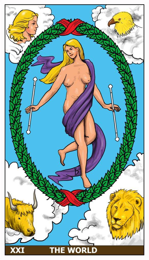 World Tarot Card: A woman dances in a laurel wreath.