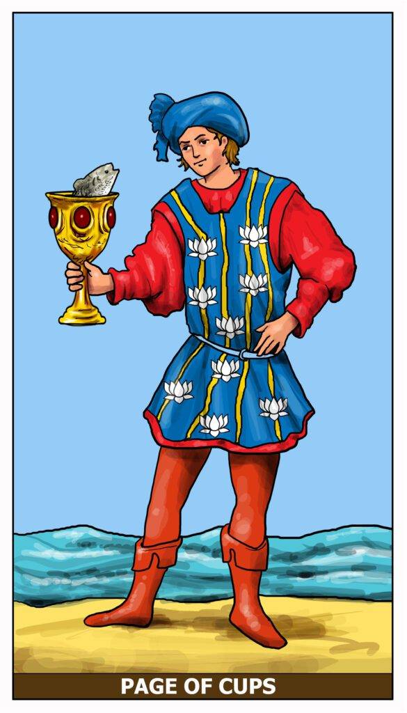 Page of Cups tarot card depicting a young man with a cup, Explore the meaning of the Page of Cups tarot card. Learn about creativity, intuition, and embracing new inspirations.