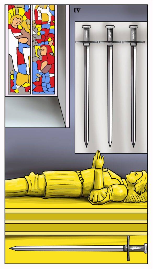 Four of Swords tarot card depicting a knight resting on a tomb Explore the meaning of the Four of Swords tarot card. Learn about the importance of rest, healing, and finding inner peace.