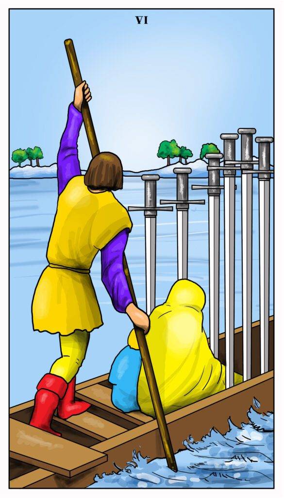 The Six of Swords tarot meaning signifies transition and healing. This card depicts a woman and a young child being rowed across a body of water toward a nearby land. The woman's head is covered, suggesting feelings of sadness or loss as they move away from something in their past.

Symbolism of the Journey
As they journey together, the child nestles close to the woman, seeking safety and comfort. This bond highlights the importance of support during difficult transitions. In the boat, six swords stand, indicating that they carry memories or emotional baggage from their past into the future.

Turbulent Water and Tranquil Seas
The turbulent water on the right of the boat contrasts with the tranquil sea ahead. This imagery suggests that they are leaving behind a tumultuous situation in search of a more peaceful and supportive environment. The Six of Swords tarot meaning encourages embracing change and moving forward.

Lessons of Transition
When the Six of Swords appears in readings, it often serves as a reminder to let go of the past and embrace new beginnings. It suggests that healing is possible, even after hardship. Acknowledging emotional baggage while moving toward peace can foster growth and resilience.

Conclusion: Embrace Change and Healing
Ultimately, the Six of Swords embodies the journey from turmoil to tranquility. It reminds us that while transitions can be difficult, they also offer opportunities for healing and renewal.

In conclusion, the Six of Swords tarot meaning teaches that moving forward, even with baggage, can lead to a more fulfilling life. By embracing change, individuals can discover peace and support in their new journey. Explore the meaning of the Six of Swords tarot card. Learn about journeys of transition, healing, and finding peace after turmoil.