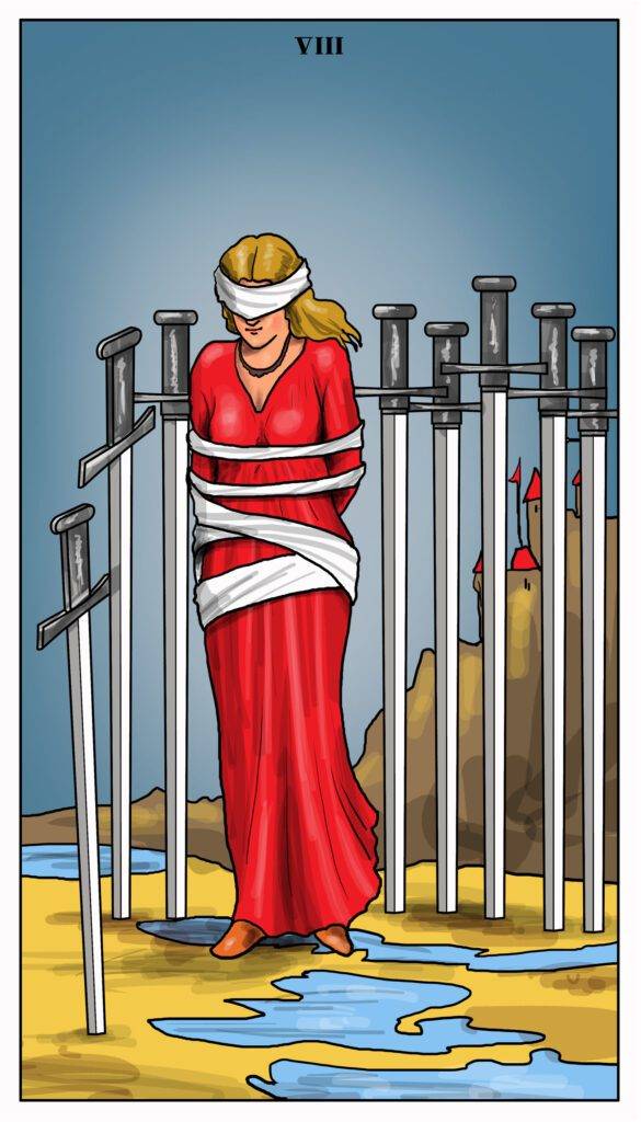 Eight of Swords tarot card depicting a woman bound and blindfolded