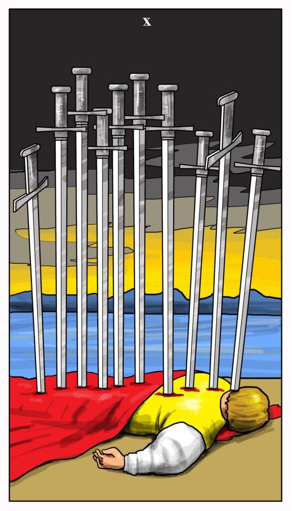 Ten of Swords tarot card depicting a man lying face down with swords in his back