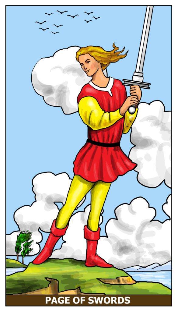 Page of Swords Tarot card showing a young man with a sword pointing upwards, symbolizing potential and insight.