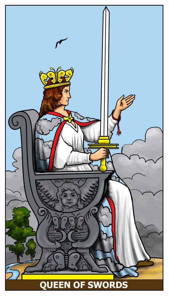 Queen of Swords Tarot card depicting a queen on a stone throne, holding a sword high, symbolizing truth and transformation.