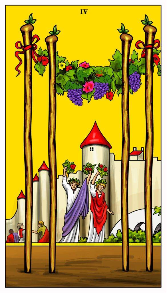 Four of Wands Tarot card depicting two people dancing and celebrating with flowers, symbolizing joy and achievement.