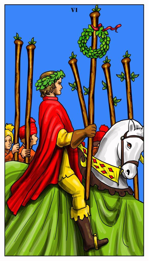 Six of Wands Tarot card depicting a man in a victory wreath riding a white horse, symbolizing success and public recognition.