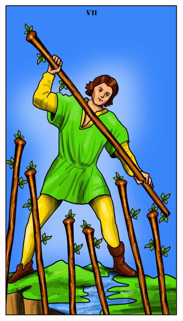 Seven of Wands Tarot card depicting a man on a hill defending against wands below, symbolizing resilience and the fight for success.