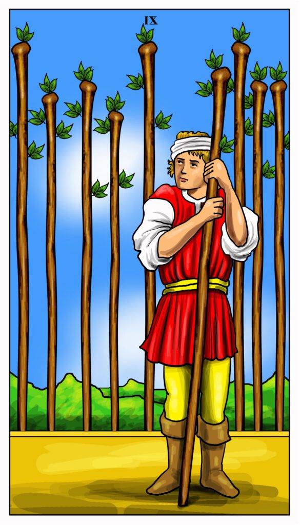 Nine of Wands Tarot card depicting an injured man clutching a wand, symbolizing resilience and the final test before reaching his goal.