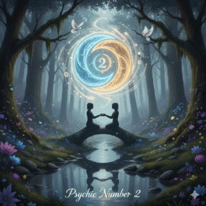 A peaceful fantasy scene with a creek flowing, lush forest, and a glowing yin-yang symbol with the number 2 at its center. Two silhouetted figures sit on a bridge, holding hands and symbolizing balance and connection."