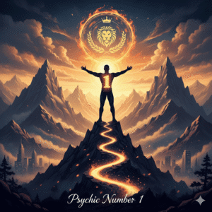 A powerful scene depicting a silhouette of a person with outstretched arms on a mountain peak, a glowing number 1 on their chest, looking towards a fiery halo with a lion and crown symbol. A luminous path leads up the mountain, with a city visible in the valley below. The text 'Psychic Number 1' is written in a decorative font at the bottom."