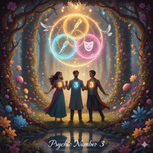 A magical, vibrant forest scene featuring three diverse individuals standing on the edge of a reflective pond. Each person has a glowing number 3 on their chest. Above them, three interconnected luminous orbs depict symbols for creativity: a feather (writing), a microphone (communication), and a theater mask (performance). Two white doves fly near the top, and the text 'Psychic Number 3' is written in an elegant font at the bottom