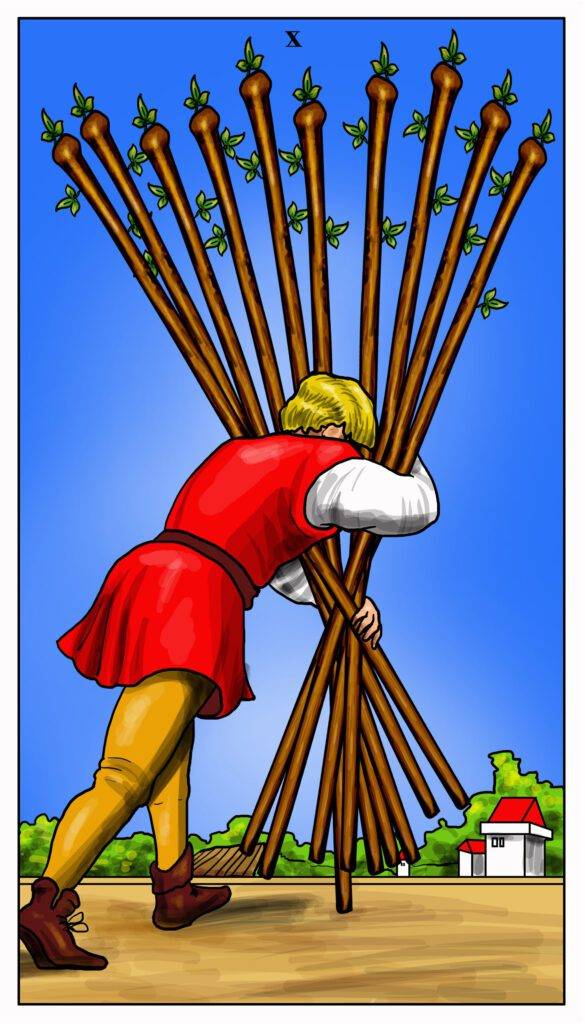 Illustration of the Ten of Wands Tarot card, depicting a man carrying a heavy burden.