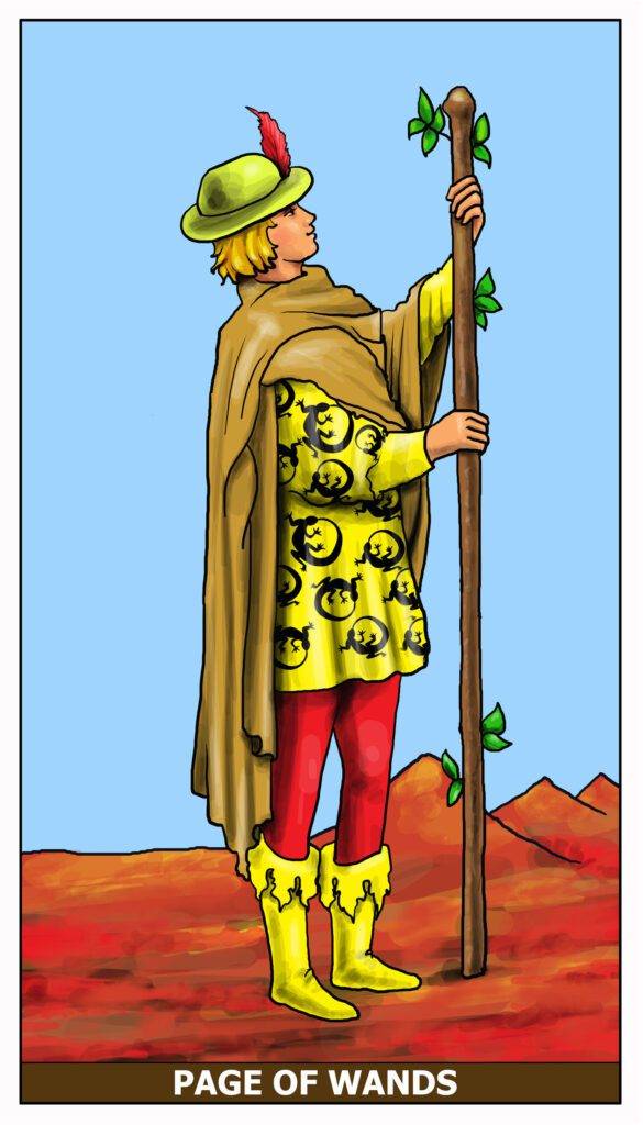 Illustration of the Page of Wands Tarot card, depicting a young man with a staff and green leaves.