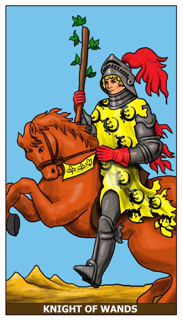 Illustration of the Knight of Wands Tarot card, featuring a knight in armor on a horse with a sprouting wand.