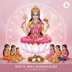 “Maa Mahagauri on Navaratri Day 8, goddess of purity and forgiveness, riding a white bull with trident and damaru.”
