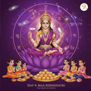 Maa Siddhidatri on Navaratri Day 9, goddess of boons and wisdom, seated on a lotus holding lotus, mace, conch, and discus.