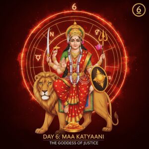 Maa Katyayani idol riding a lion, holding a sword and lotus, worshipped on Navaratri Day 6.
