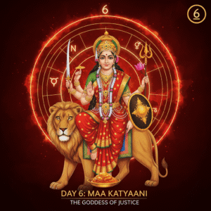 Maa Katyayani idol riding a lion, holding a sword and lotus, worshipped on Navaratri Day 6.