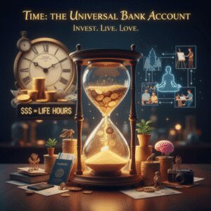 Clock melting over coins symbolizing the value of time as life’s true wealth.