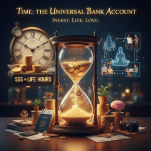 Clock melting over coins symbolizing the value of time as life’s true wealth.